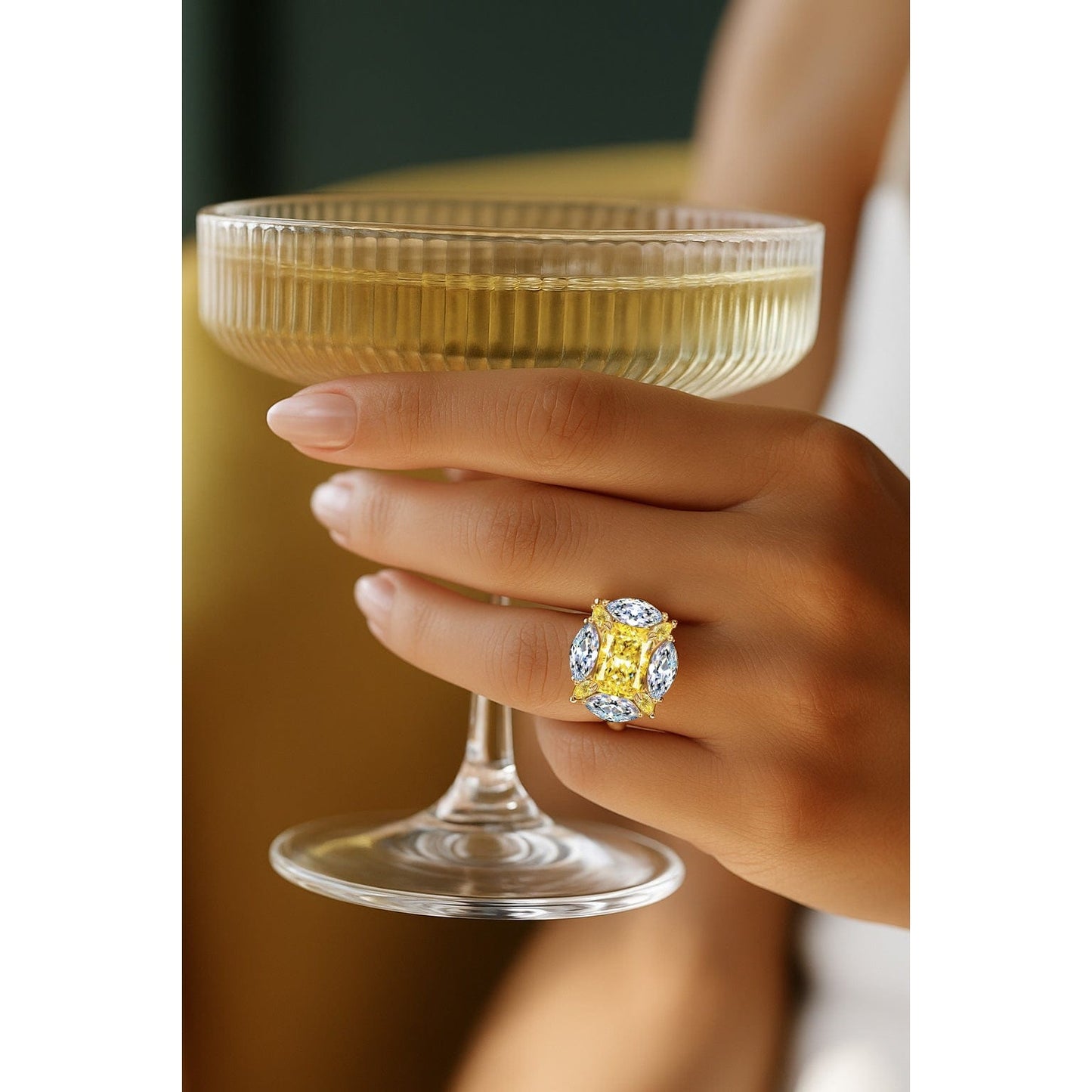 Cushion Modified Brilliant Cut Fancy Vivid Yellow Ice-Frosted Sparkle Lab Zircon - Halo Classic Engagement Ring 14K Yellow Gold Plated