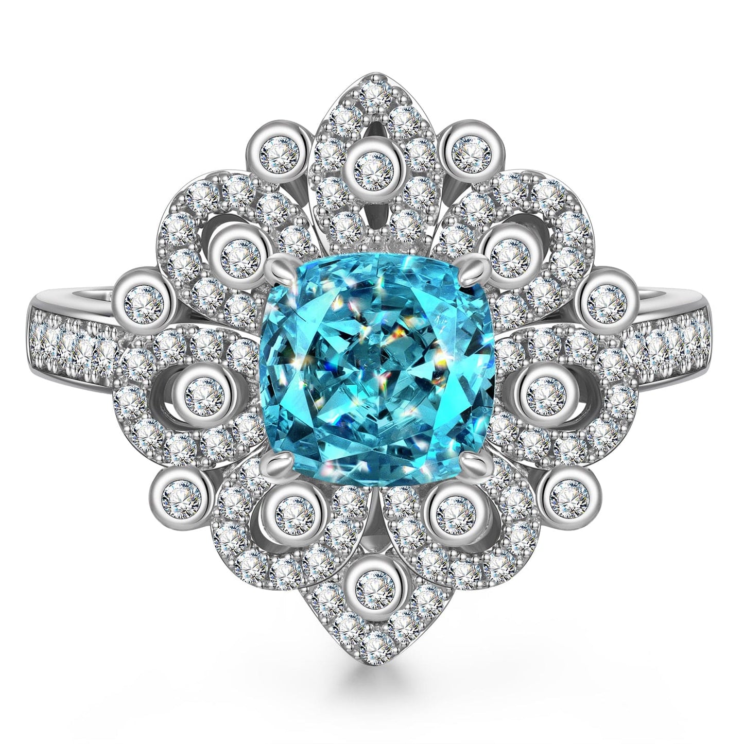 7*7mm Cushion Modified Brilliant Cut Fancy Vivid Blue Ice-Frosted Sparkle Lab Zircon - Halo Classic Engagement Ring White Gold Plated