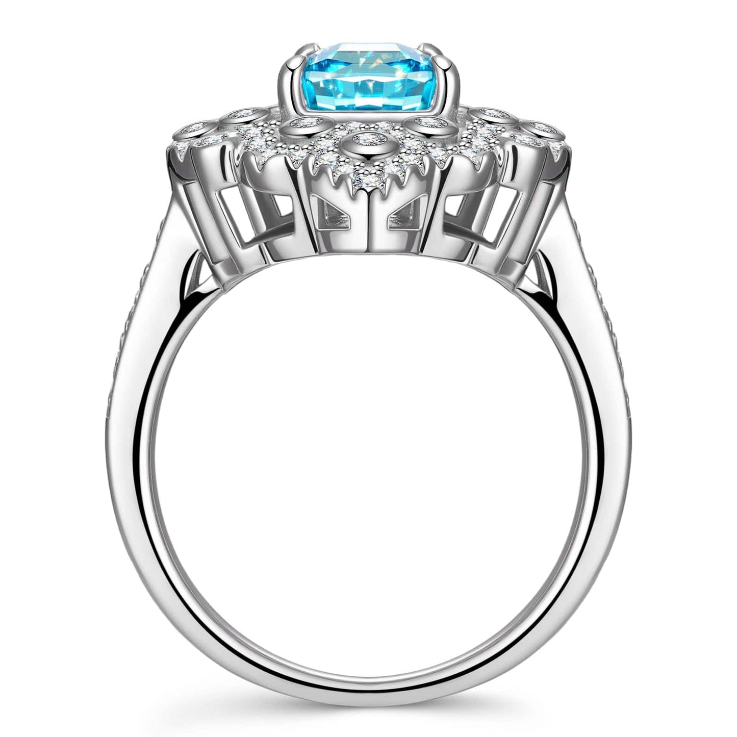 7*7mm Cushion Modified Brilliant Cut Fancy Vivid Blue Ice-Frosted Sparkle Lab Zircon - Halo Classic Engagement Ring White Gold Plated