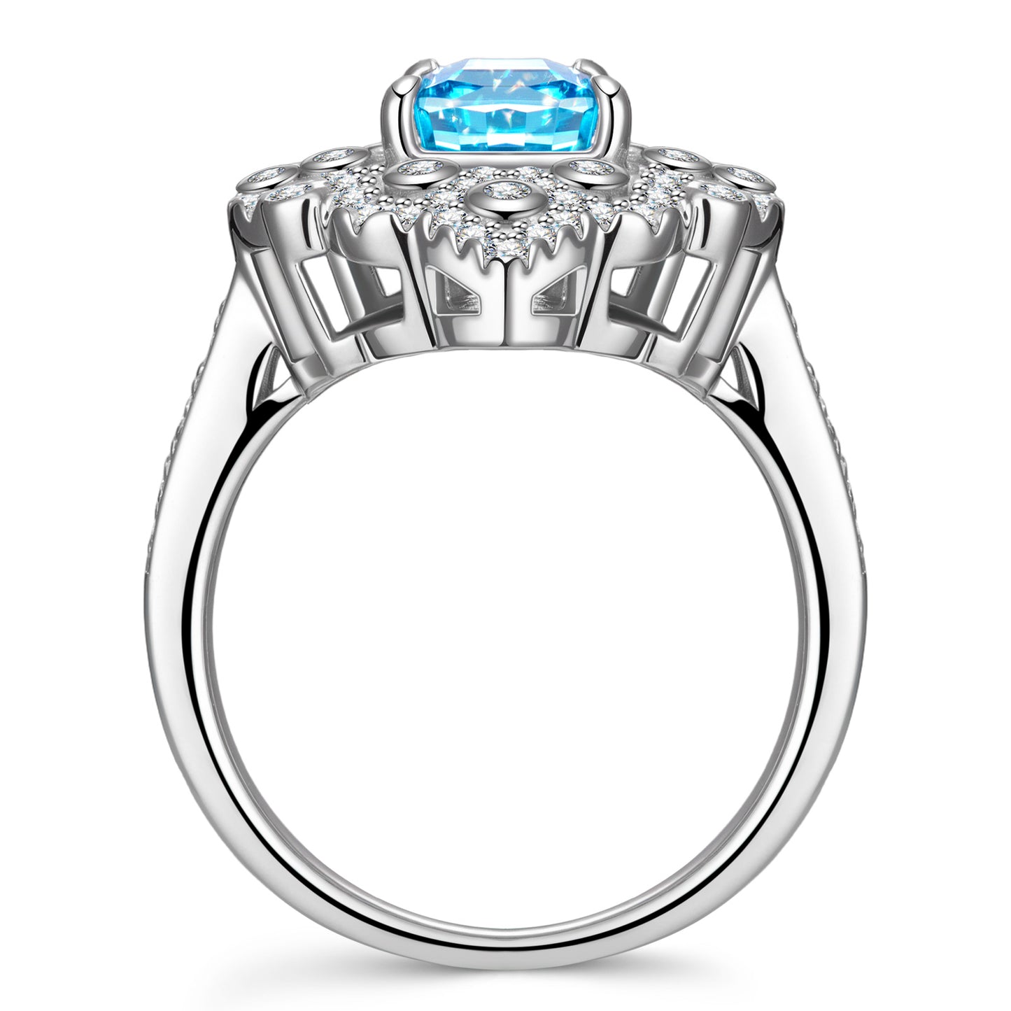 7*7mm Cushion Modified Brilliant Cut Fancy Vivid Blue Ice-Frosted Sparkle Lab Zircon - Halo Classic Engagement Ring White Gold Plated