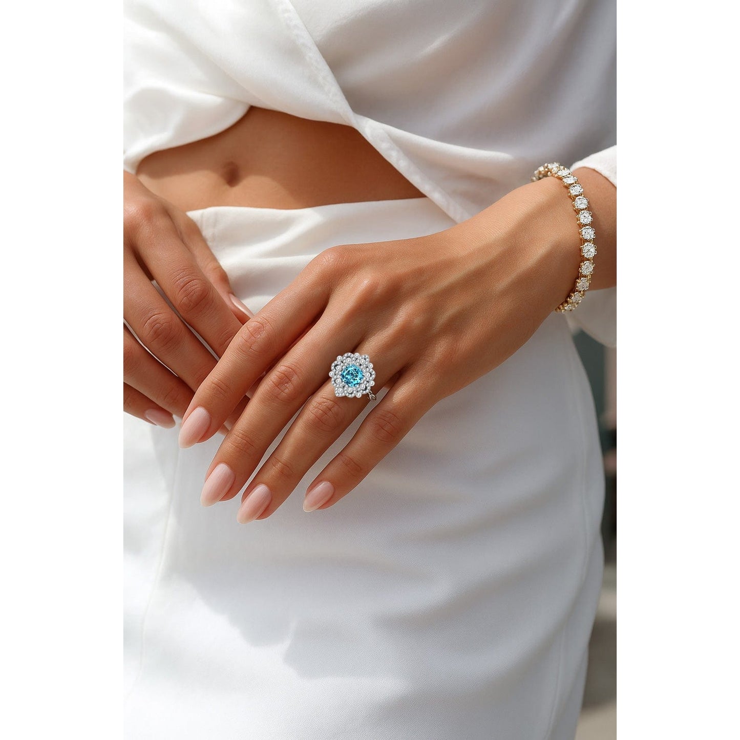 7*7mm Cushion Modified Brilliant Cut Fancy Vivid Blue Ice-Frosted Sparkle Lab Zircon - Halo Classic Engagement Ring White Gold Plated