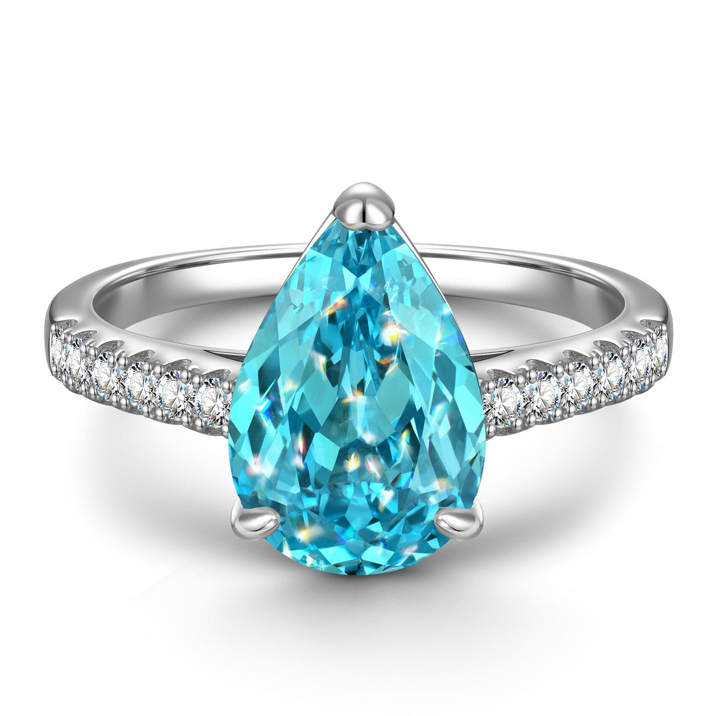 8*12mm Pear Modified Brilliant Cut Fancy Vivid Blue Ice-Frosted Sparkle Lab Zircon - Pave Classic Engagement Ring White Gold Plated