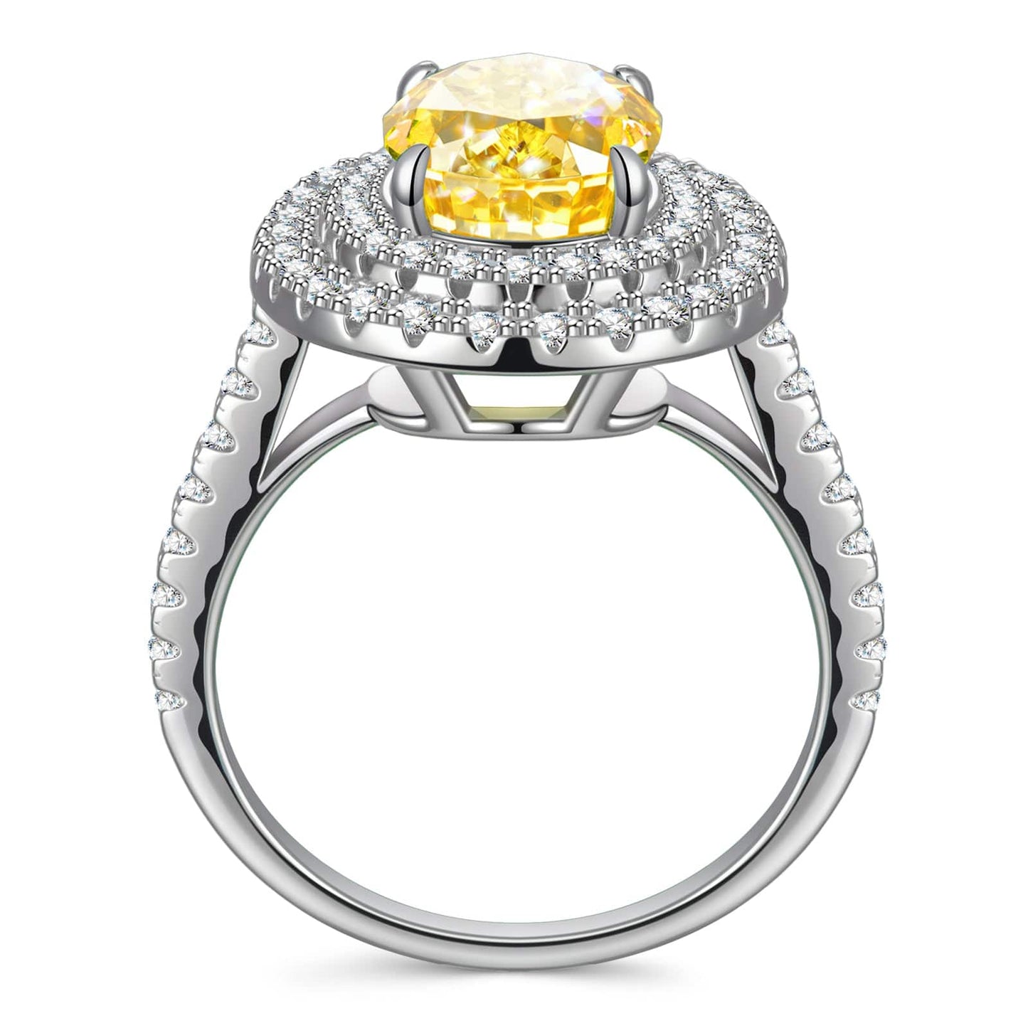 8*10mm Oval Modified Brilliant Cut Fancy Vivid Yellow Ice-Frosted Sparkle Lab Zircon - Halo Classic Engagement Ring White Gold Plated