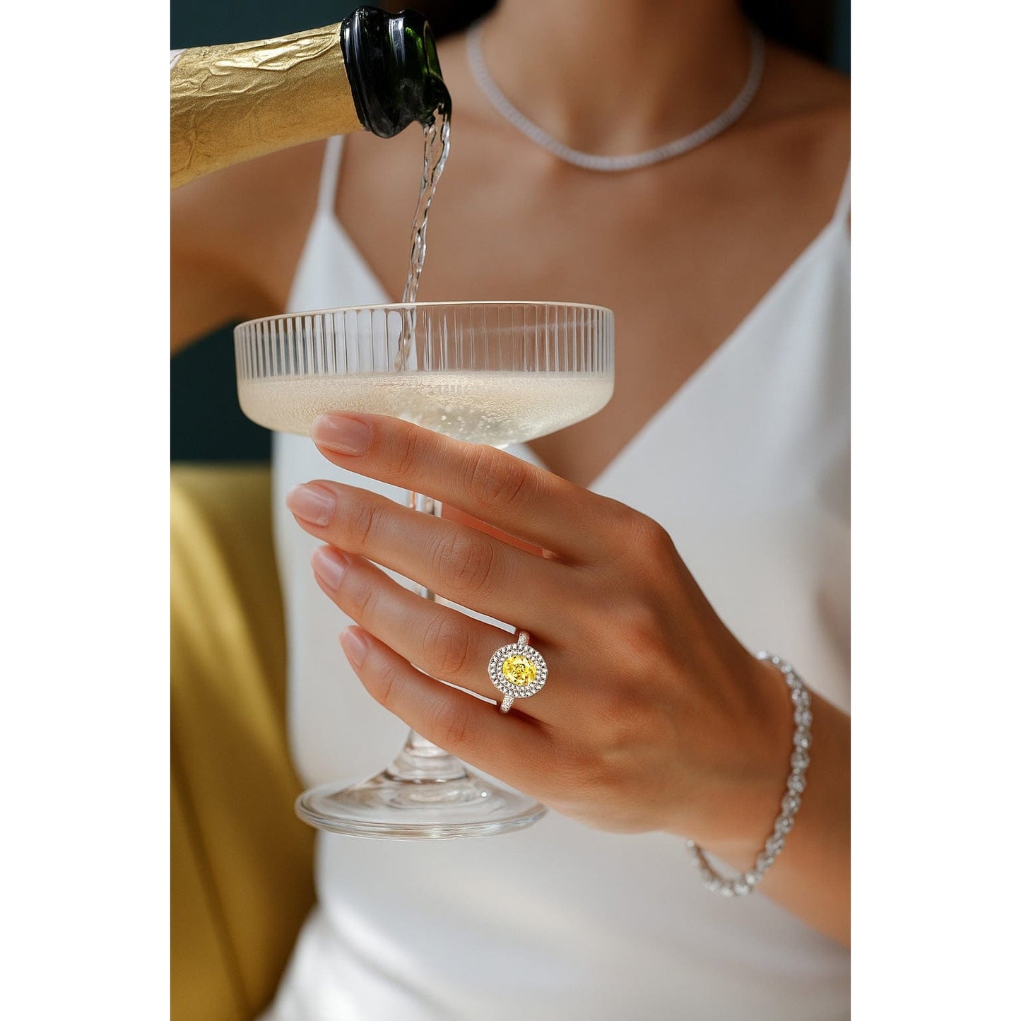 8*10mm Oval Modified Brilliant Cut Fancy Vivid Yellow Ice-Frosted Sparkle Lab Zircon - Halo Classic Engagement Ring White Gold Plated