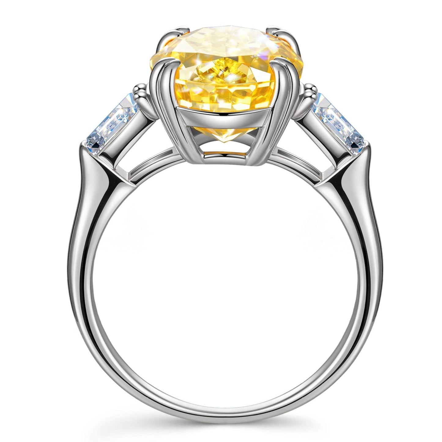 10*14mm Oval Modified Brilliant Cut Fancy Vivid Yellow Ice-Frosted Sparkle Lab Zircon - Three Stone Classic Engagement Ring White Gold Plated
