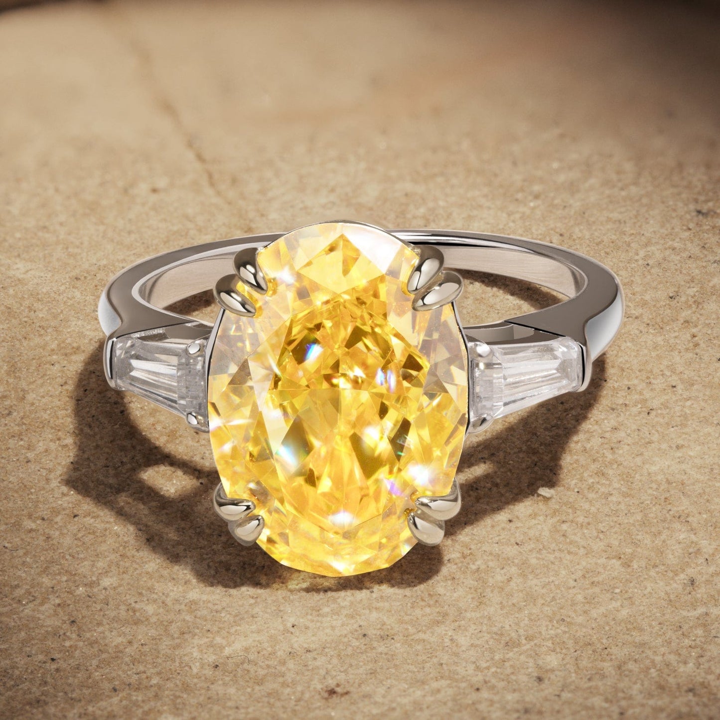 10*14mm Oval Modified Brilliant Cut Fancy Vivid Yellow Ice-Frosted Sparkle Lab Zircon - Three Stone Classic Engagement Ring White Gold Plated
