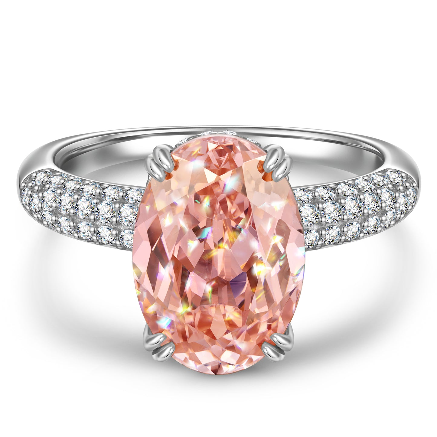 9*11mm Oval Modified Brilliant Cut Padparadscha Sunset Glow Ice-Frosted Sparkle Lab Zircon - Pave Classic Engagement Ring White Gold Plated