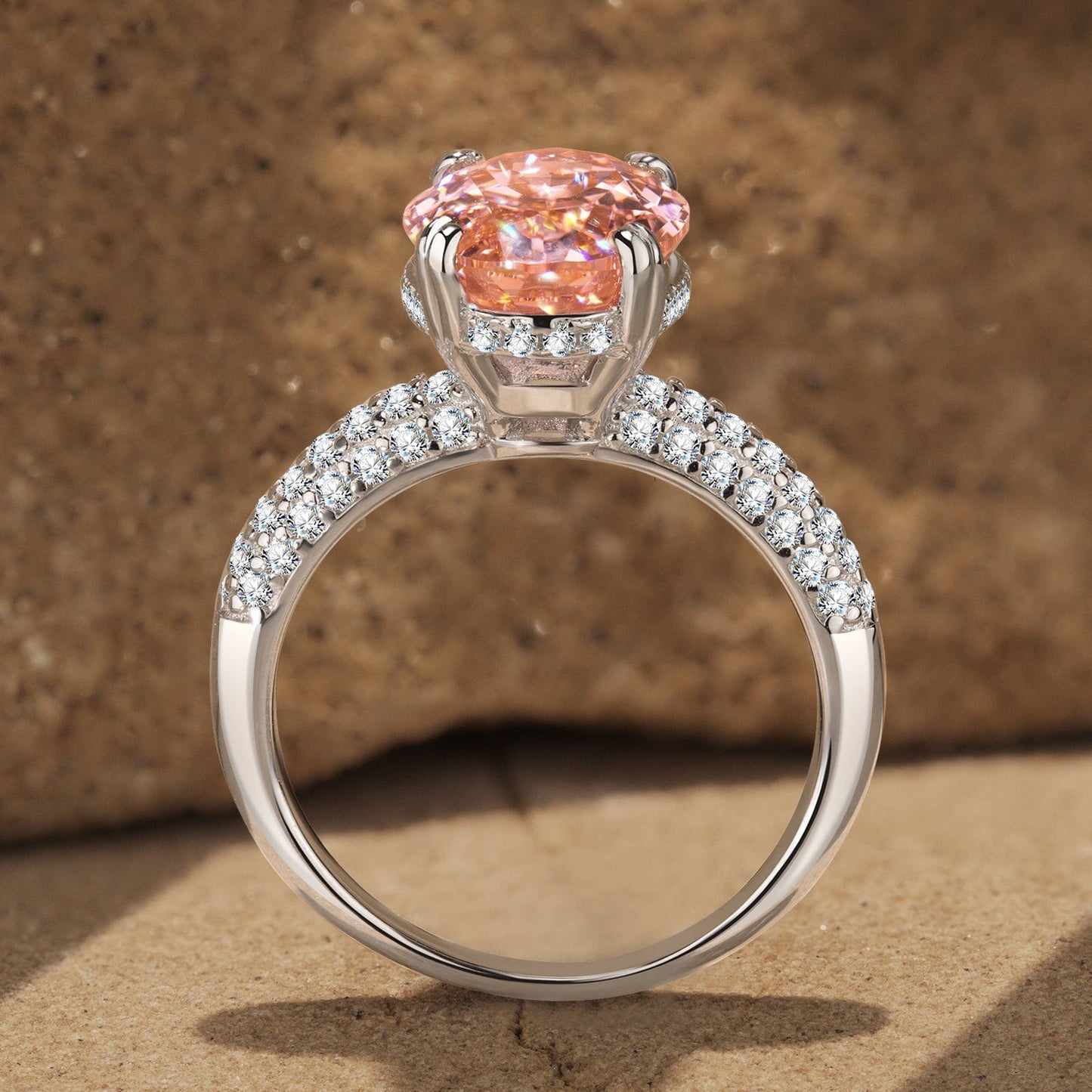 9*11mm Oval Modified Brilliant Cut Padparadscha Sunset Glow Ice-Frosted Sparkle Lab Zircon - Pave Classic Engagement Ring White Gold Plated