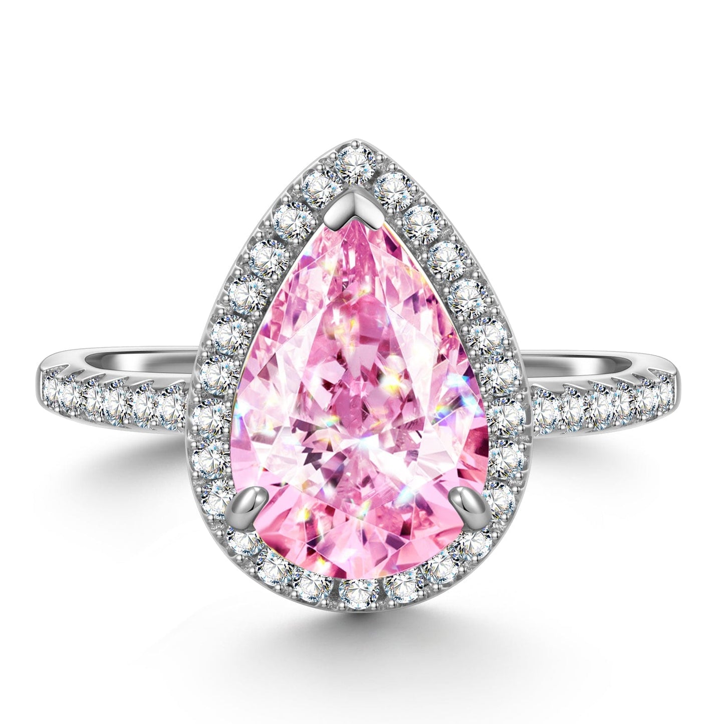 8*12mm Pear Modified Brilliant Cut Fancy Vivid Pink Ice-Frosted Sparkle Lab Zircon - Halo Classic Engagement Ring White Gold Plated
