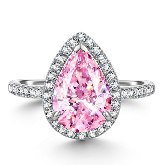 gona- 8*12mm Pear Modified Brilliant Cut Fancy Vivid Pink Ice-Frosted Sparkle Lab Zircon - Halo Classic Engagement Ring White Gold Plated
