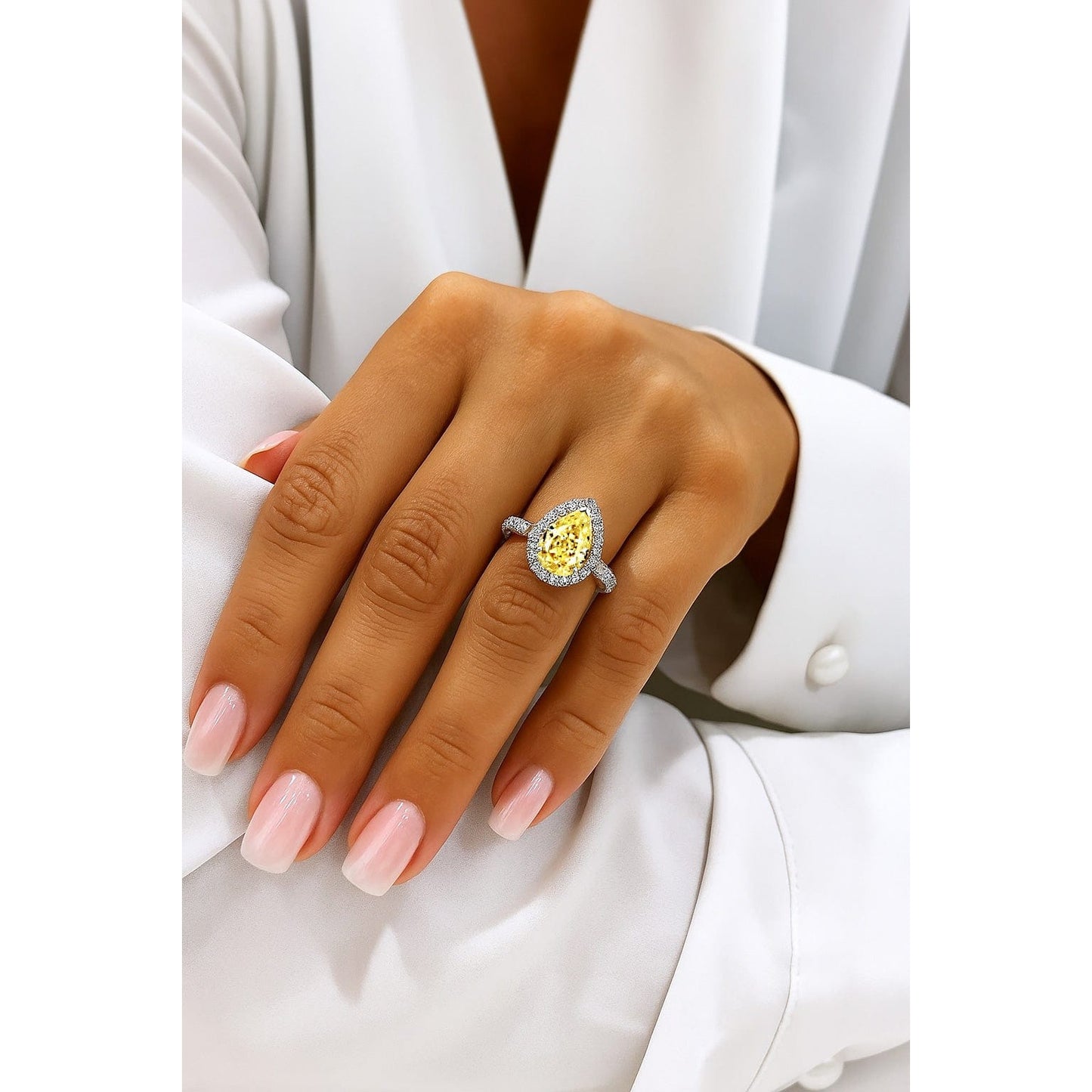 8*12mm Pear Modified Brilliant Cut Fancy Vivid Yellow Ice-Frosted Sparkle Lab Zircon - Halo Classic Engagement Ring White Gold Plated
