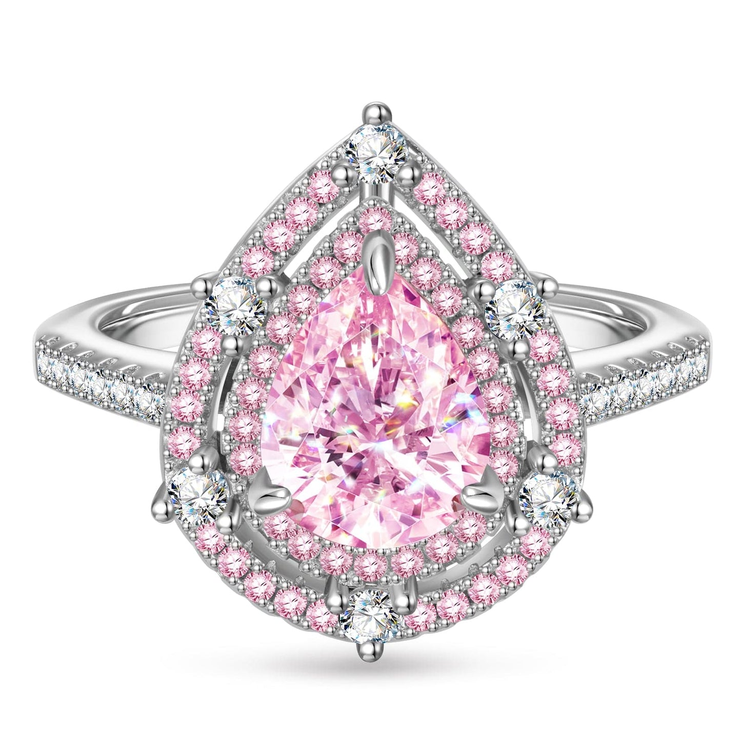 7*10mm Pear Modified Brilliant Cut Fancy Vivid Pink Ice-Frosted Sparkle Lab Zircon - Halo Classic Engagement Ring White Gold Plated