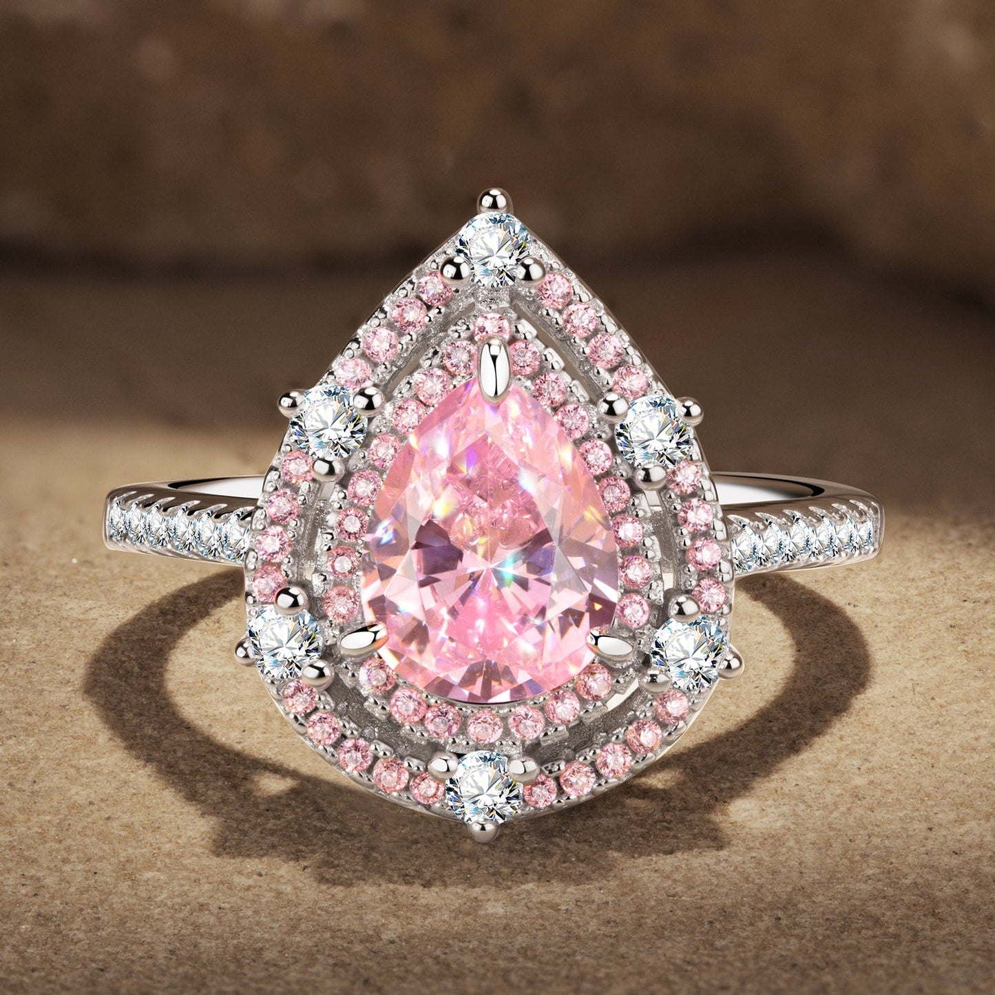 7*10mm Pear Modified Brilliant Cut Fancy Vivid Pink Ice-Frosted Sparkle Lab Zircon - Halo Classic Engagement Ring White Gold Plated