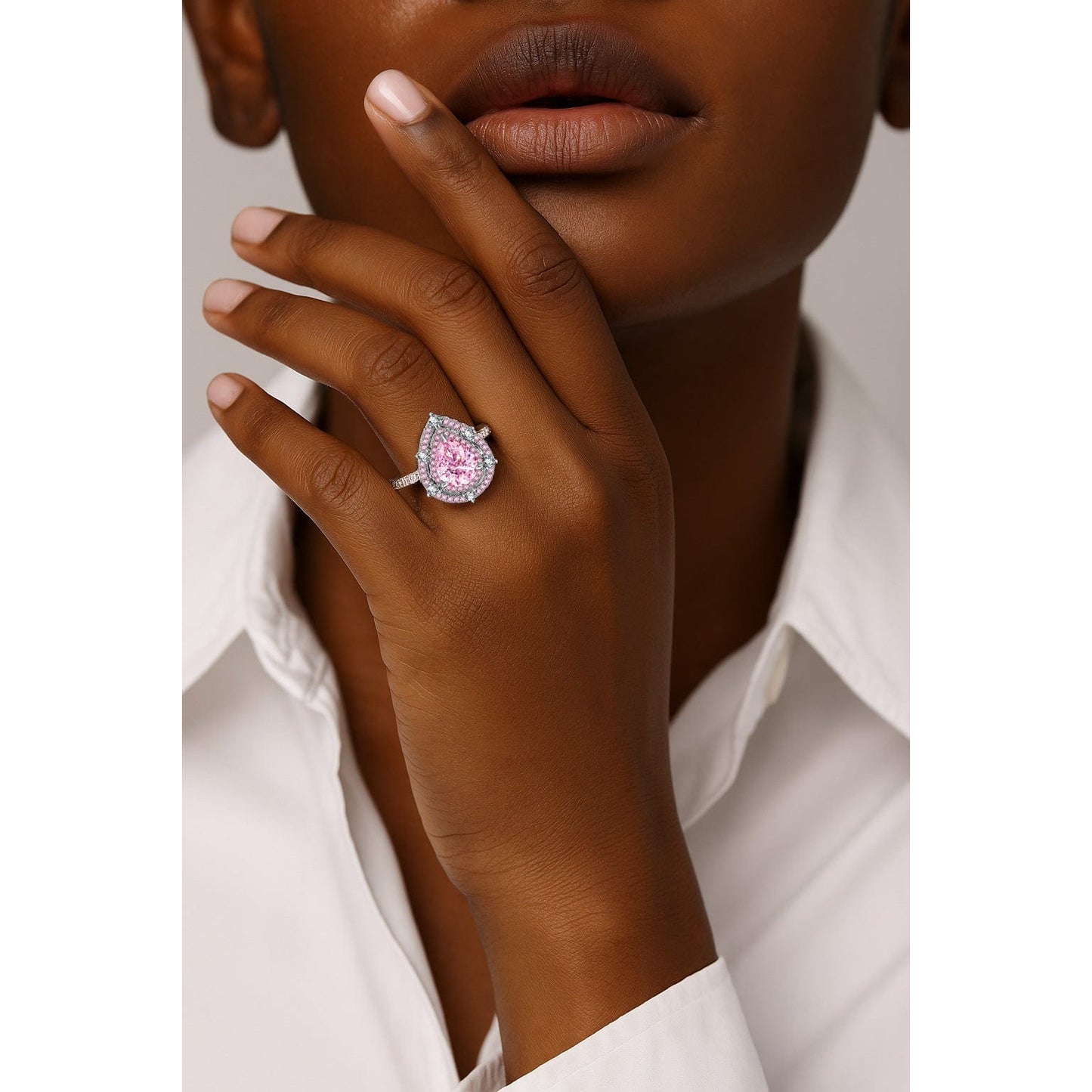 7*10mm Pear Modified Brilliant Cut Fancy Vivid Pink Ice-Frosted Sparkle Lab Zircon - Halo Classic Engagement Ring White Gold Plated