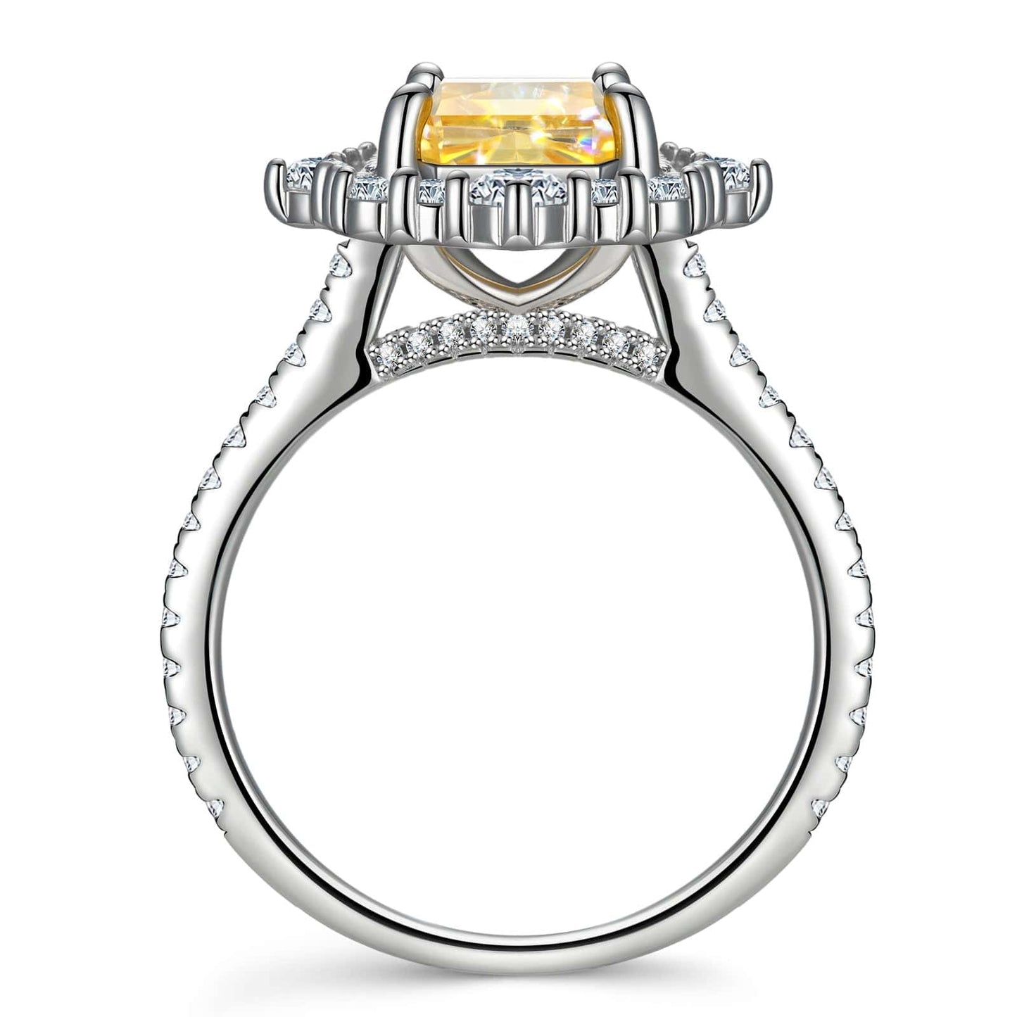 8*10mm Emerald Modified Brilliant Cut Fancy Vivid Yellow Ice-Frosted Sparkle Lab Zircon - Halo Classic Engagement Ring White Gold Plated