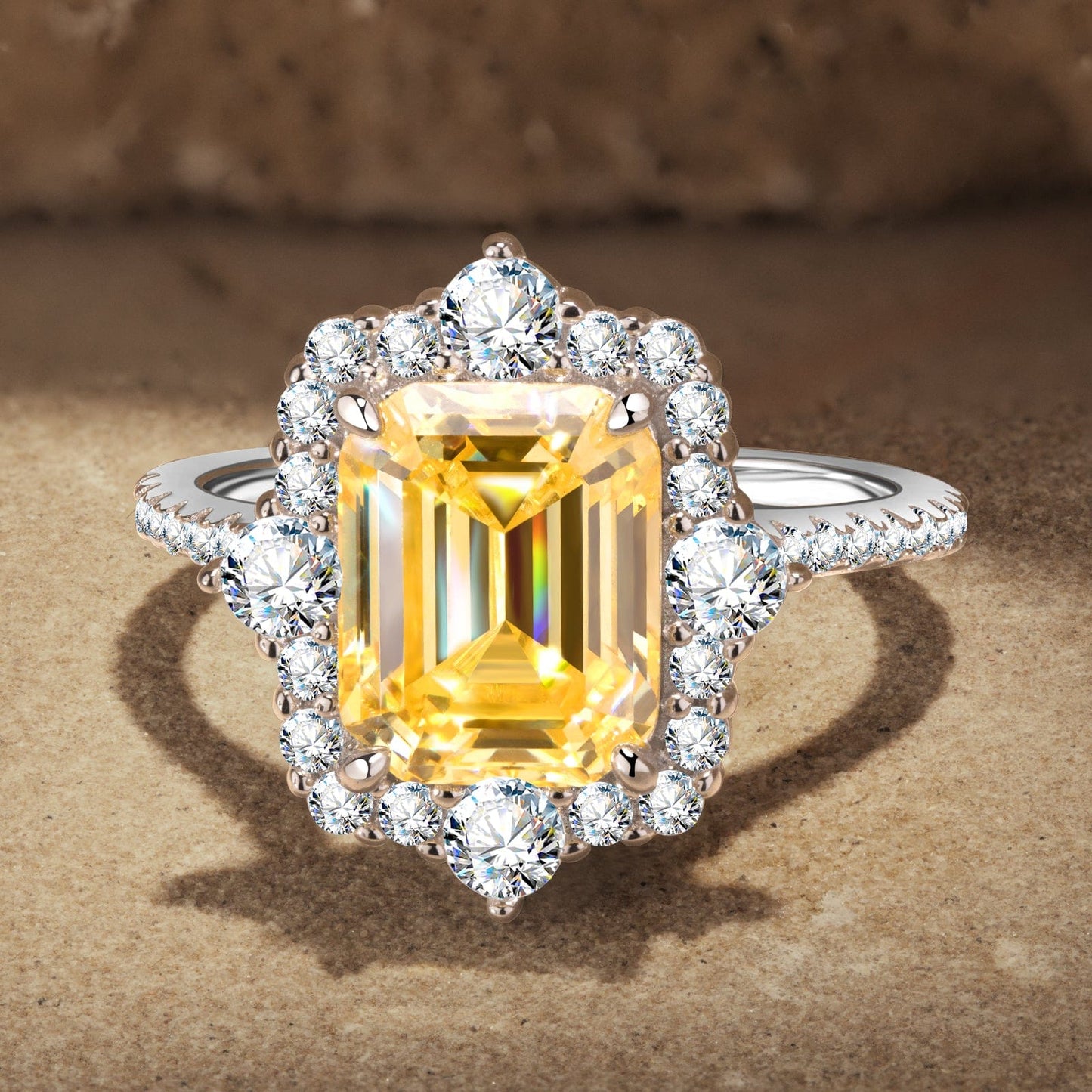 8*10mm Emerald Modified Brilliant Cut Fancy Vivid Yellow Ice-Frosted Sparkle Lab Zircon - Halo Classic Engagement Ring White Gold Plated