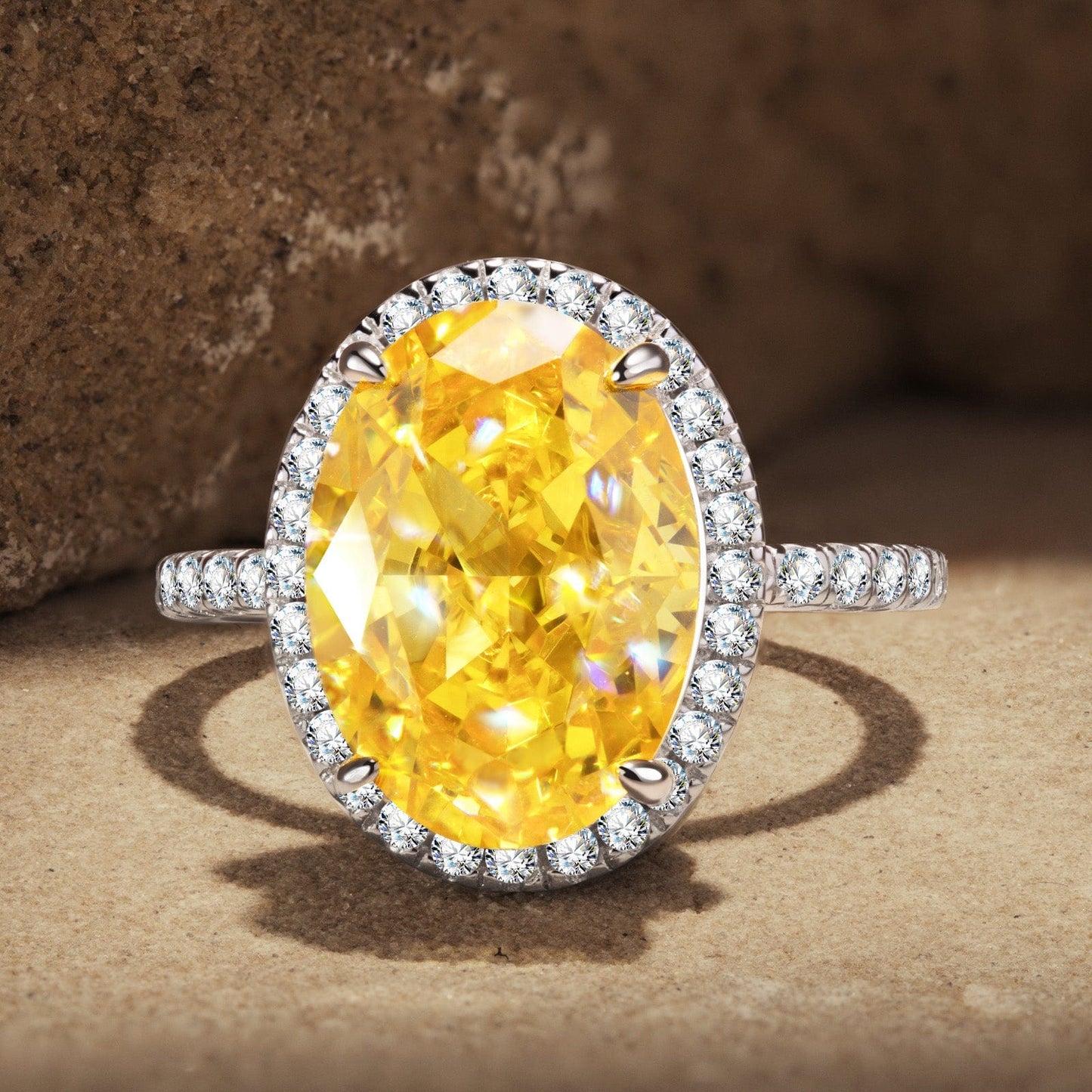 10*14mm Oval Modified Brilliant Cut Fancy Vivid Yellow Ice-Frosted Sparkle Lab Zircon - Halo Classic Engagement Ring White Gold Plated