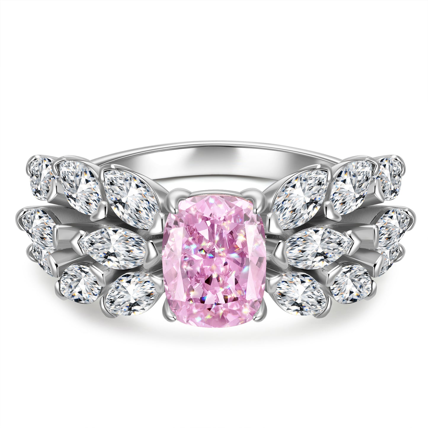 6*8mm Cushion Modified Brilliant Cut Fancy Vivid Pink Ice-Frosted Sparkle Lab Zircon - Pave Classic Engagement Ring White Gold Plated