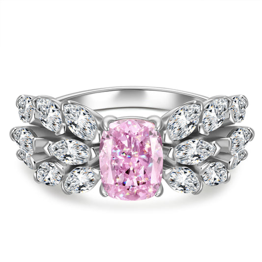 gona- 6*8mm Cushion Modified Brilliant Cut Fancy Vivid Pink Ice-Frosted Sparkle Lab Zircon - Pave Classic Engagement Ring White Gold Plated