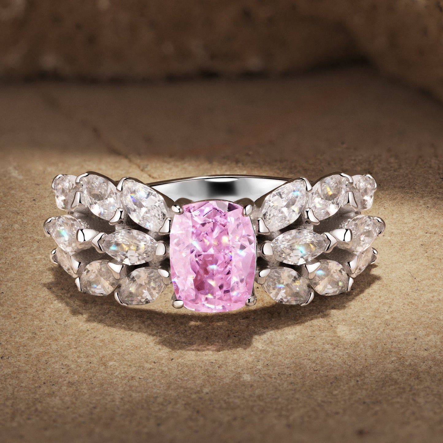 6*8mm Cushion Modified Brilliant Cut Fancy Vivid Pink Ice-Frosted Sparkle Lab Zircon - Pave Classic Engagement Ring White Gold Plated