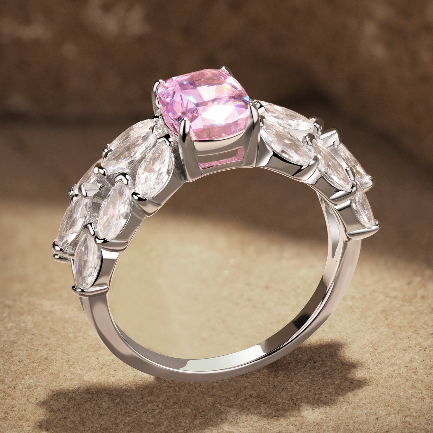 6*8mm Cushion Modified Brilliant Cut Fancy Vivid Pink Ice-Frosted Sparkle Lab Zircon - Pave Classic Engagement Ring White Gold Plated