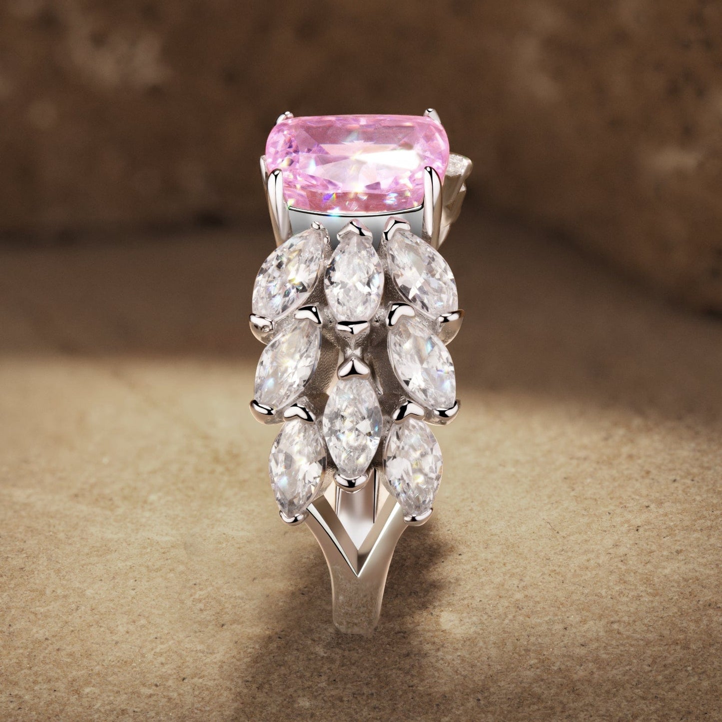 6*8mm Cushion Modified Brilliant Cut Fancy Vivid Pink Ice-Frosted Sparkle Lab Zircon - Pave Classic Engagement Ring White Gold Plated