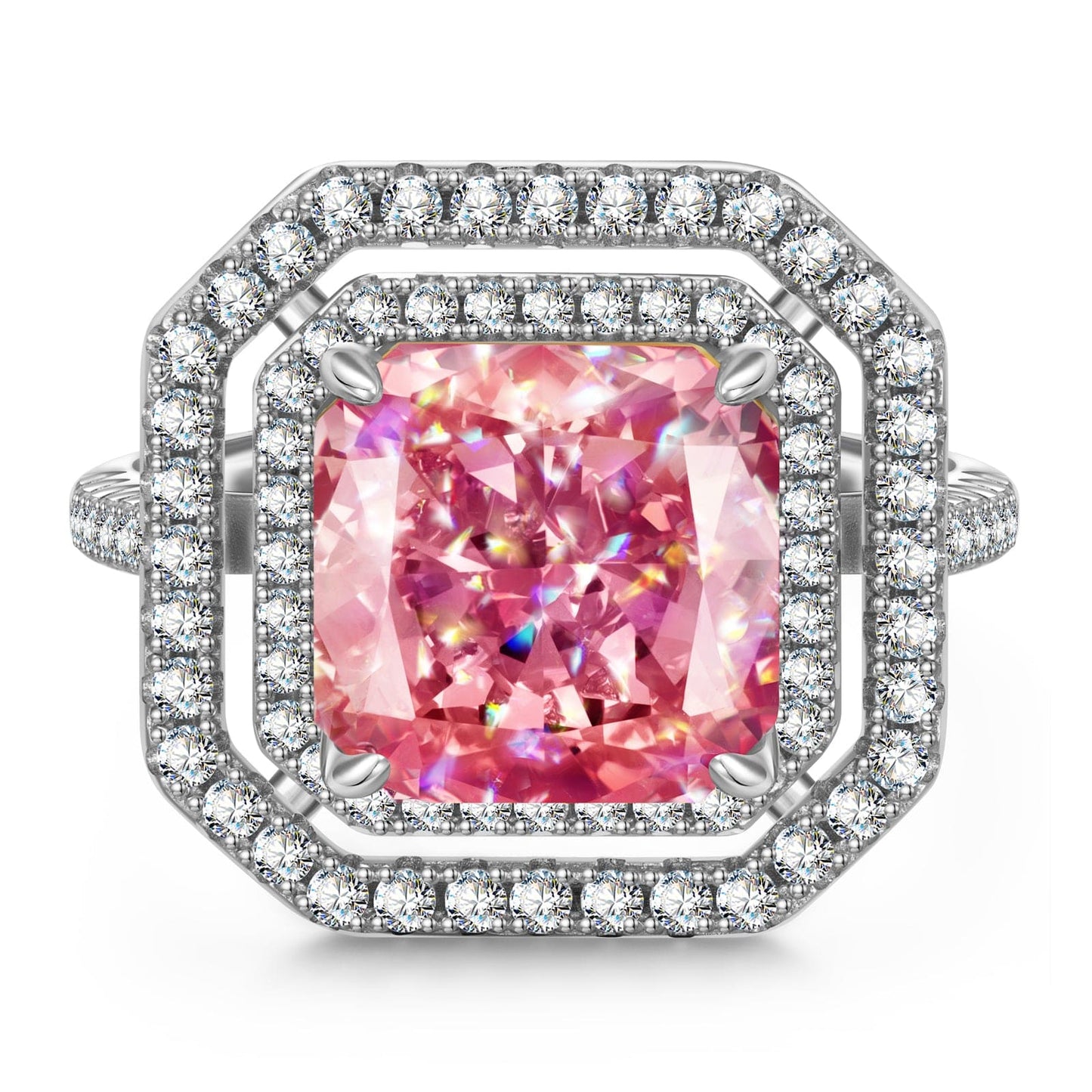 10*10mm Radiant Modified Brilliant Cut Fancy Vivid Pink Ice-Frosted Sparkle Lab Zircon - Halo Classic Engagement Ring White Gold Plated