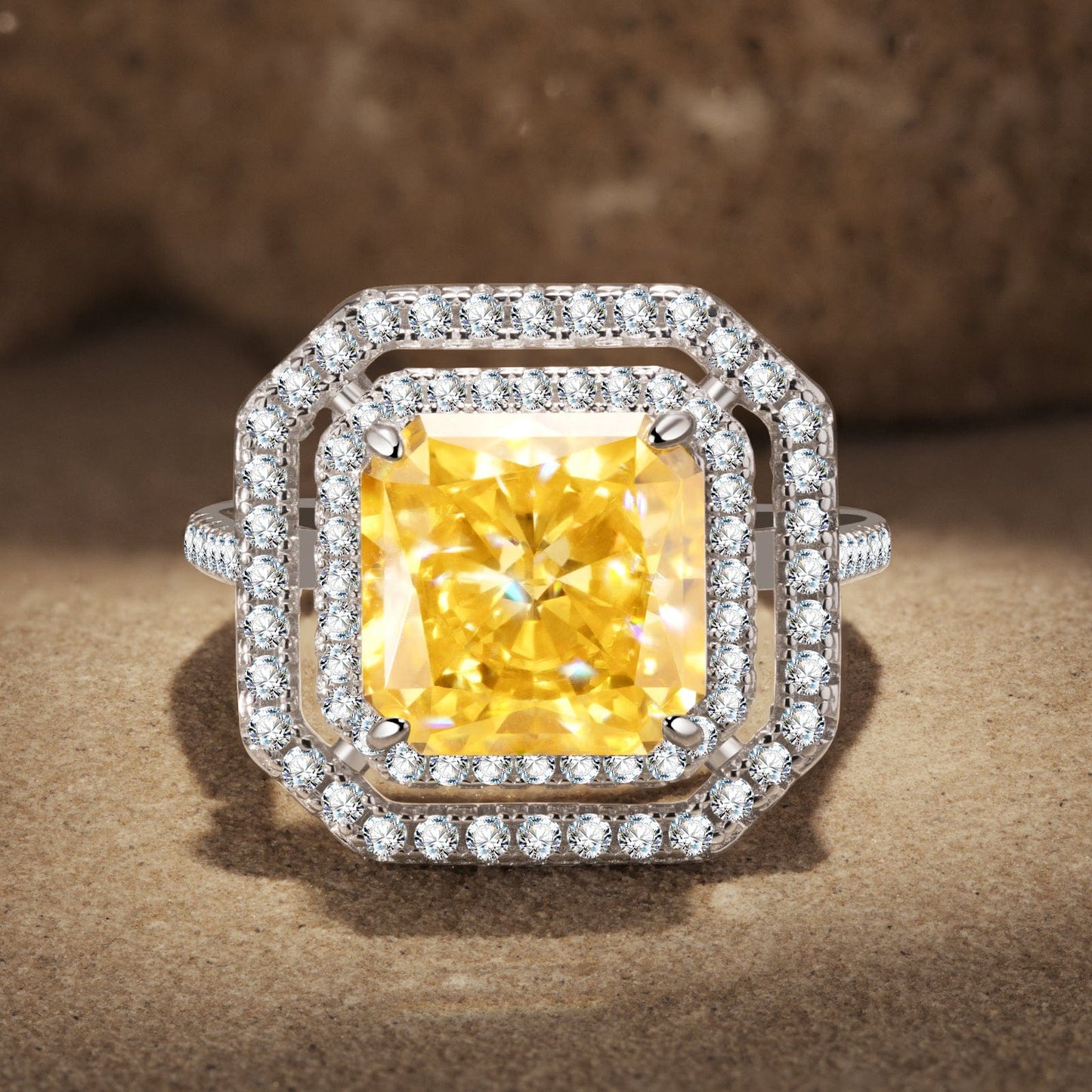 10*10mm Radiant Modified Brilliant Cut Fancy Vivid Yellow Ice-Frosted Sparkle Lab Zircon - Halo Classic Engagement Ring White Gold Plated
