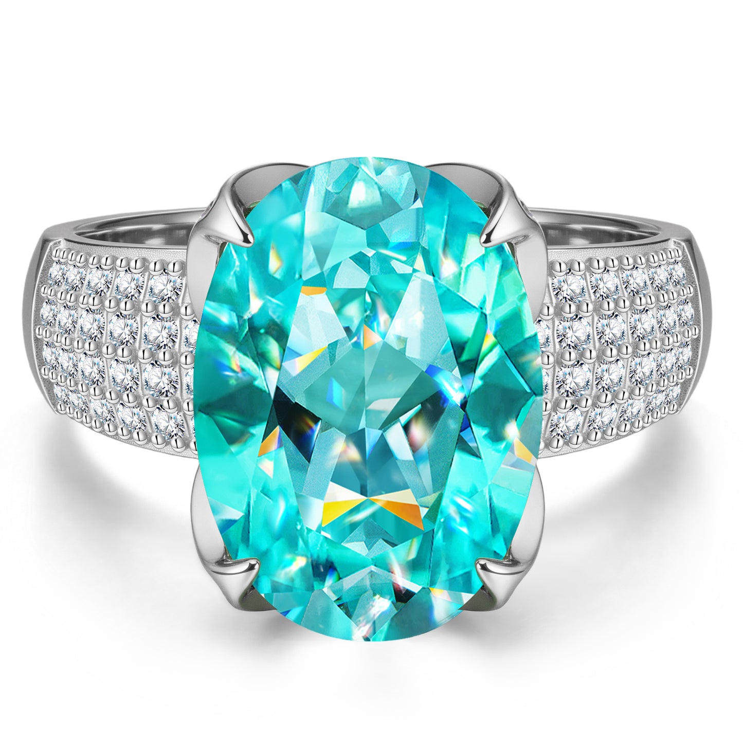 14*10mm Oval Modified Brilliant Cut Fancy Vivid Blue Ice-Frosted Sparkle Lab Zircon - Pave Classic Engagement Ring White Gold Plated