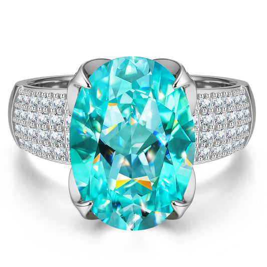 gona- 14*10mm Oval Modified Brilliant Cut Fancy Vivid Blue Ice-Frosted Sparkle Lab Zircon - Pave Classic Engagement Ring White Gold Plated