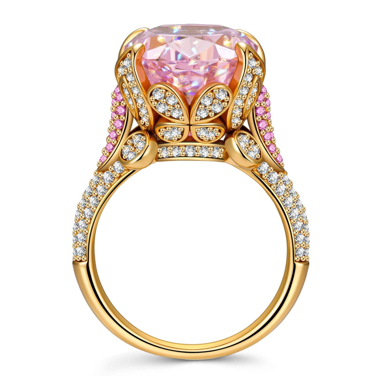 16*12mm Oval Modified Brilliant Cut Fancy Vivid Pink Ice-Frosted Sparkle Lab Zircon - Pave Classic Engagement Ring 14K Yellow Gold Plated