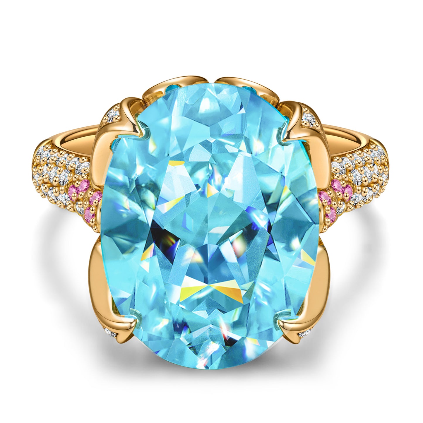 16*12mm Oval Modified Brilliant Cut Fancy Vivid Blue Ice-Frosted Sparkle Lab Zircon - Pave Classic Engagement Ring 14K Yellow Gold Plated