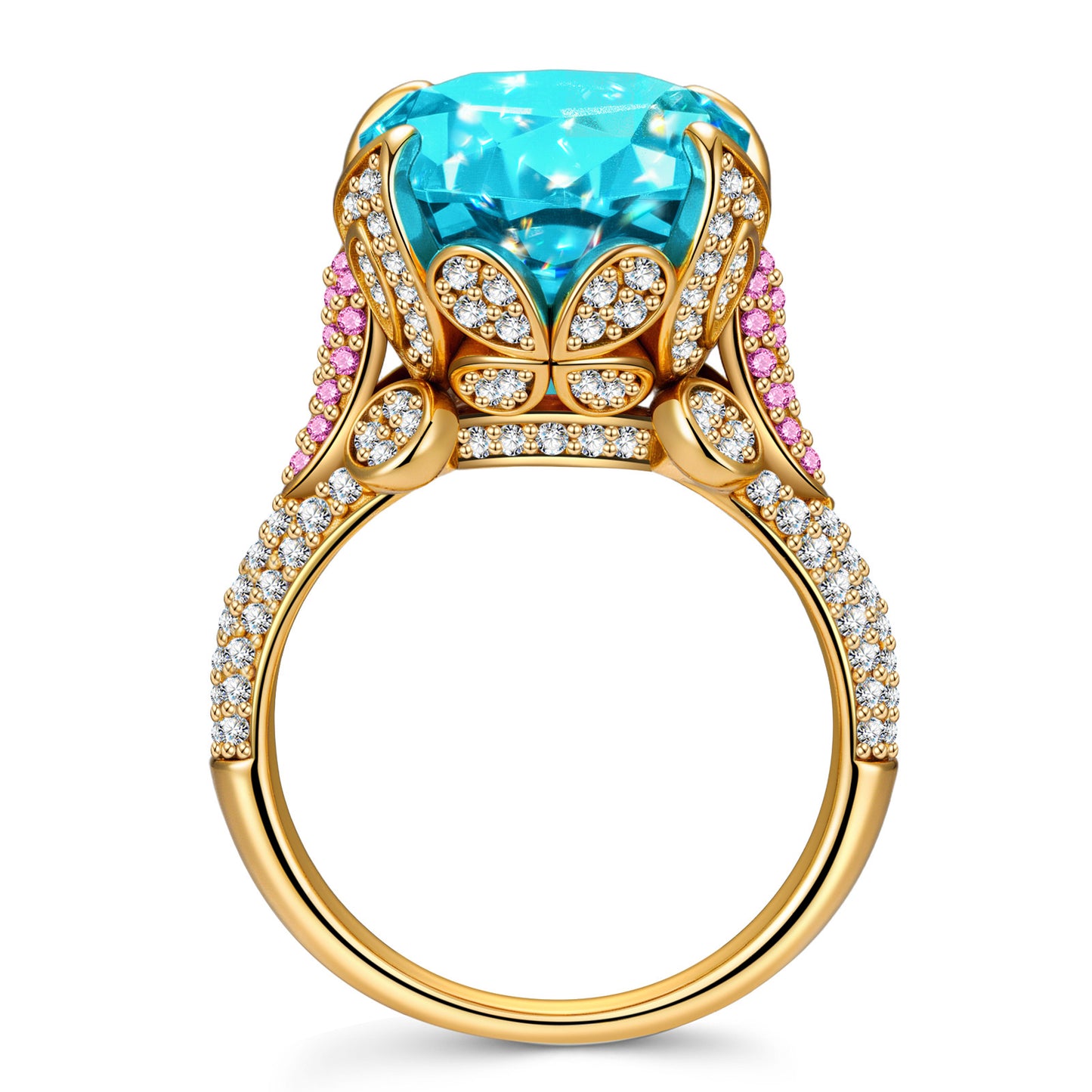 16*12mm Oval Modified Brilliant Cut Fancy Vivid Blue Ice-Frosted Sparkle Lab Zircon - Pave Classic Engagement Ring 14K Yellow Gold Plated