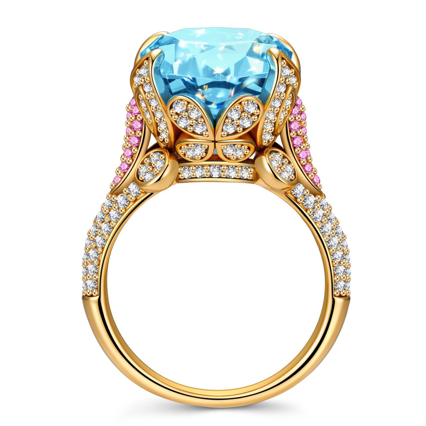 16*12mm Oval Modified Brilliant Cut Fancy Vivid Blue Ice-Frosted Sparkle Lab Zircon - Pave Classic Engagement Ring 14K Yellow Gold Plated