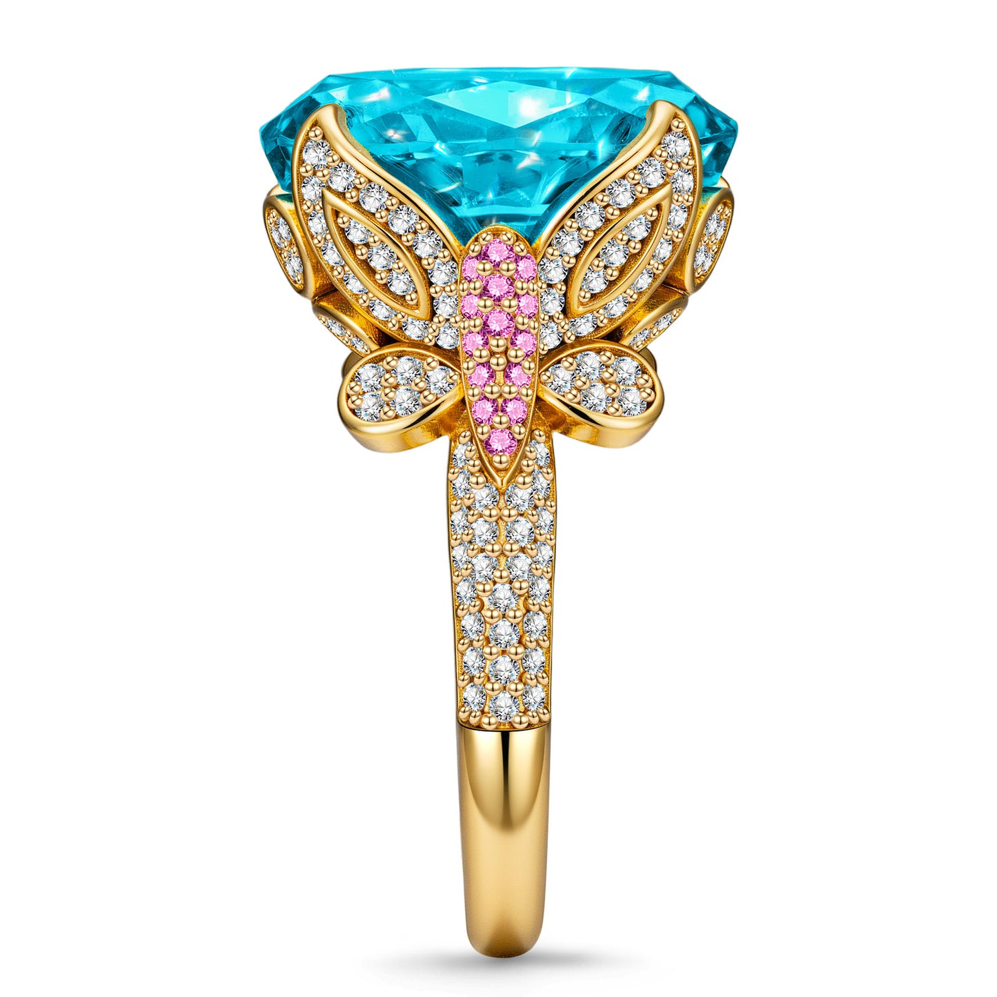 16*12mm Oval Modified Brilliant Cut Fancy Vivid Blue Ice-Frosted Sparkle Lab Zircon - Pave Classic Engagement Ring 14K Yellow Gold Plated