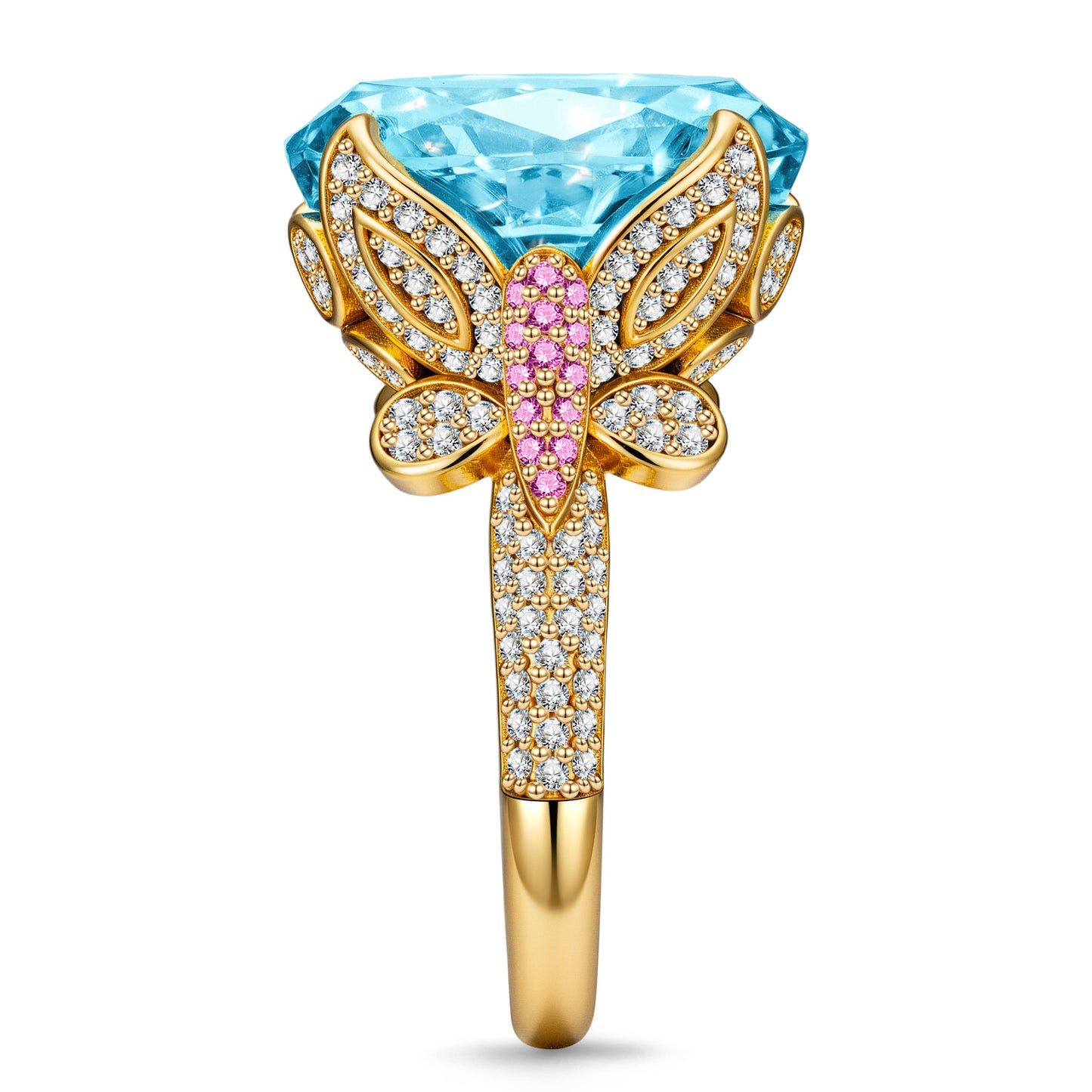 16*12mm Oval Modified Brilliant Cut Fancy Vivid Blue Ice-Frosted Sparkle Lab Zircon - Pave Classic Engagement Ring 14K Yellow Gold Plated