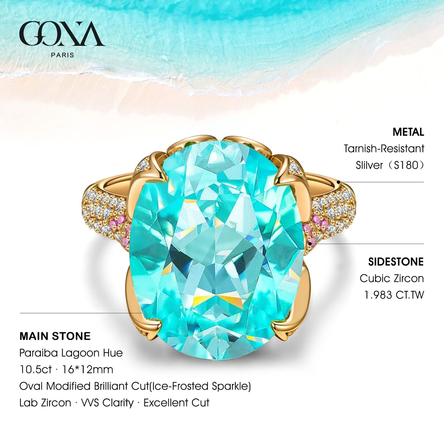 16*12mm Oval Modified Brilliant Cut Fancy Vivid Blue Ice-Frosted Sparkle Lab Zircon - Pave Classic Engagement Ring 14K Yellow Gold Plated