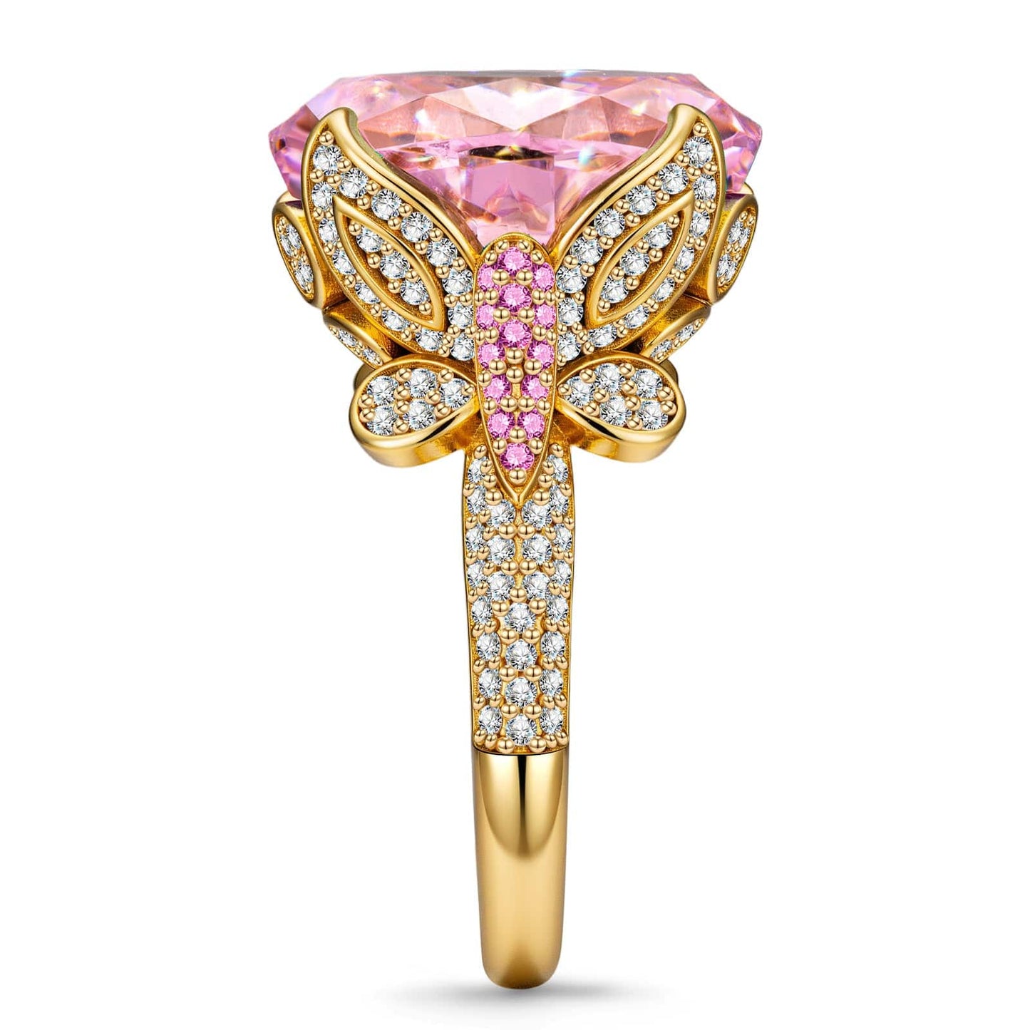 16*12mm Oval Modified Brilliant Cut Fancy Vivid Pink Ice-Frosted Sparkle Lab Zircon - Pave Classic Engagement Ring 14K Yellow Gold Plated