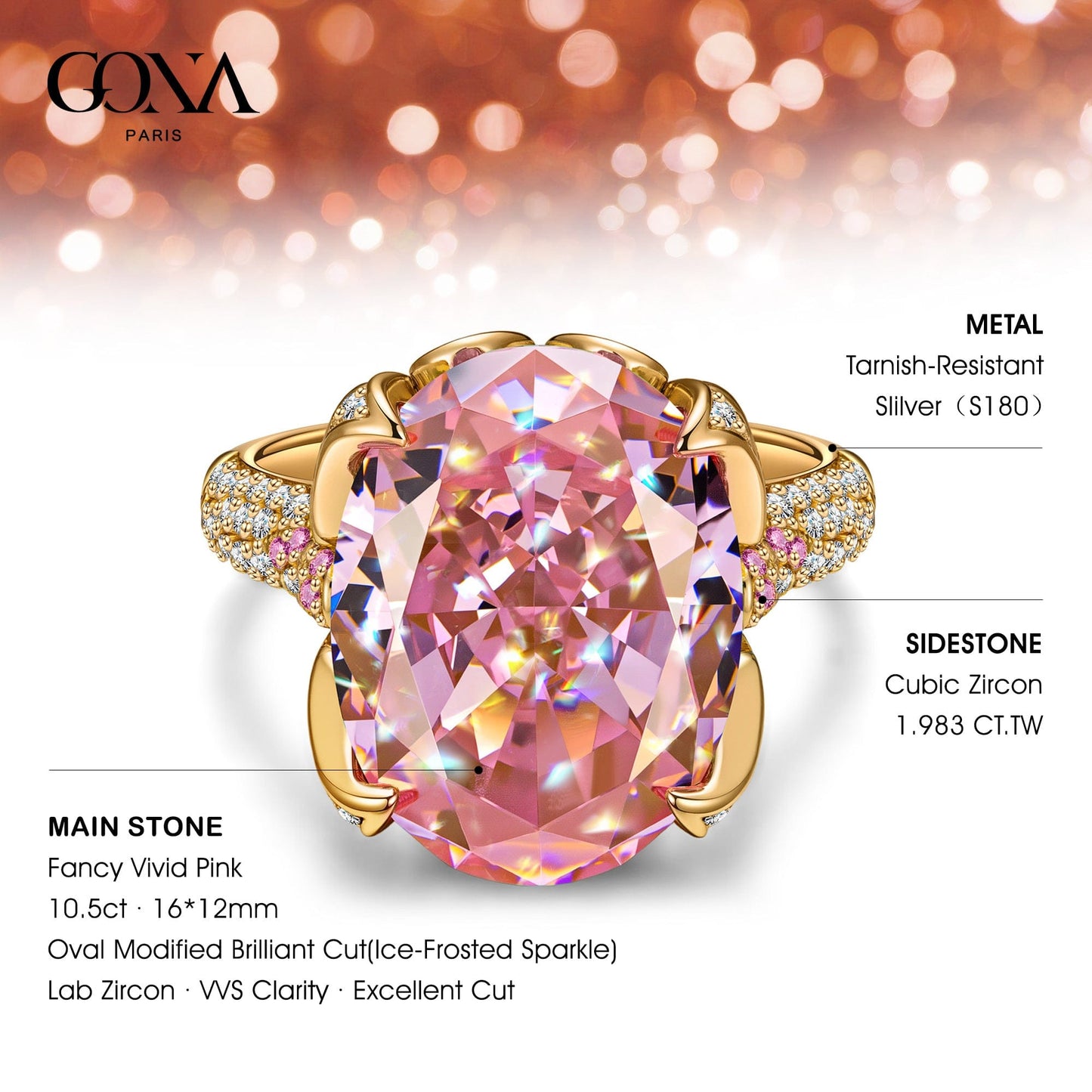 16*12mm Oval Modified Brilliant Cut Fancy Vivid Pink Ice-Frosted Sparkle Lab Zircon - Pave Classic Engagement Ring 14K Yellow Gold Plated