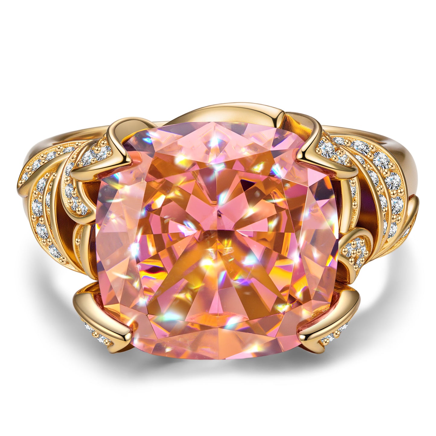12*12mm Cushion Modified Brilliant Cut Padparadscha Sunset Glow Ice-Frosted Sparkle Lab Zircon - Pave Classic Engagement Ring 14K Yellow Gold Plated
