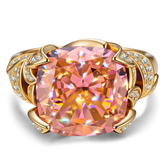 gon- 12*12mm Cushion Modified Brilliant Cut Padparadscha Sunset Glow Ice-Frosted Sparkle Lab Zircon - Pave Classic Engagement Ring 14K Yellow Gold Plated