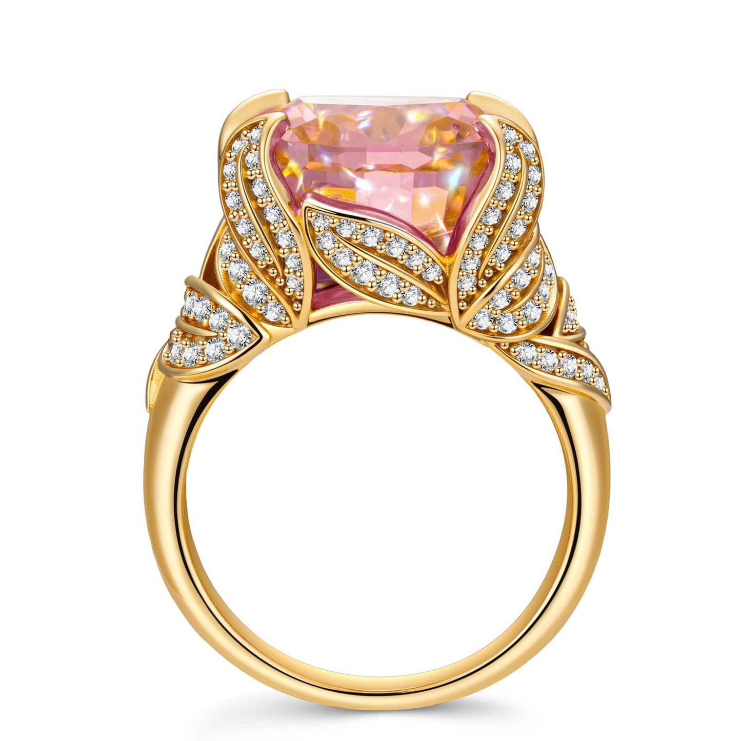 12*12mm Cushion Modified Brilliant Cut Padparadscha Sunset Glow Ice-Frosted Sparkle Lab Zircon - Pave Classic Engagement Ring 14K Yellow Gold Plated