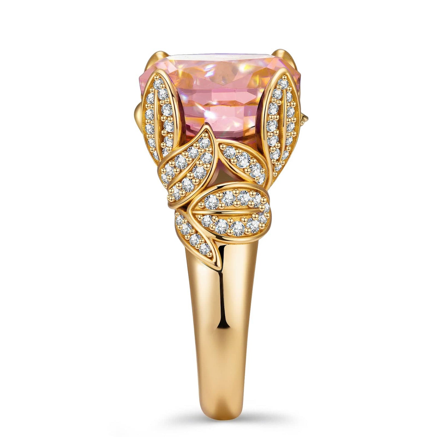 12*12mm Cushion Modified Brilliant Cut Padparadscha Sunset Glow Ice-Frosted Sparkle Lab Zircon - Pave Classic Engagement Ring 14K Yellow Gold Plated