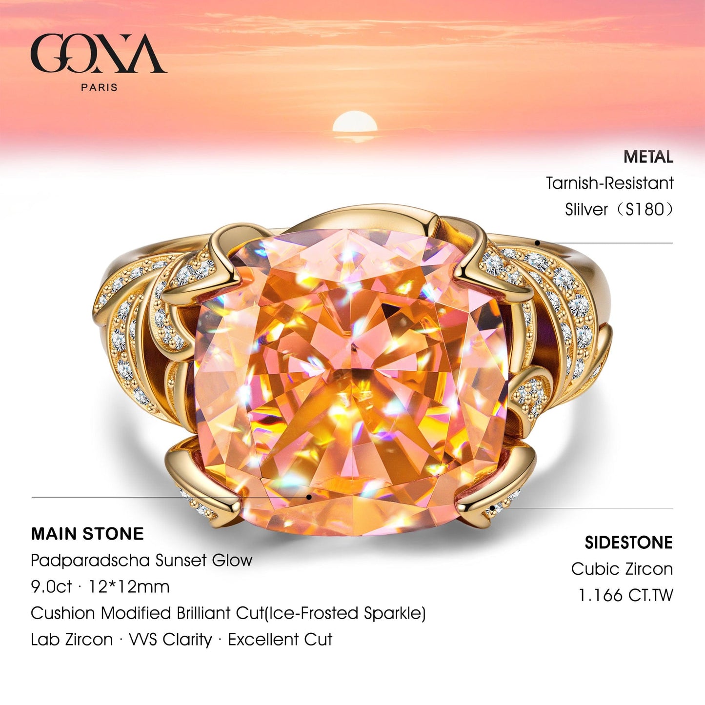 12*12mm Cushion Modified Brilliant Cut Padparadscha Sunset Glow Ice-Frosted Sparkle Lab Zircon - Pave Classic Engagement Ring 14K Yellow Gold Plated