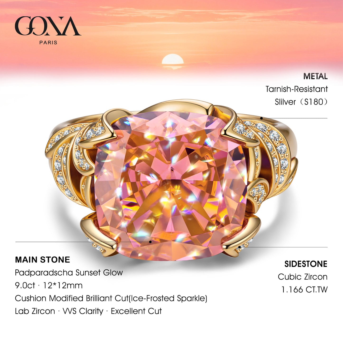 12*12mm Cushion Modified Brilliant Cut Padparadscha Sunset Glow Ice-Frosted Sparkle Lab Zircon - Pave Classic Engagement Ring 14K Yellow Gold Plated