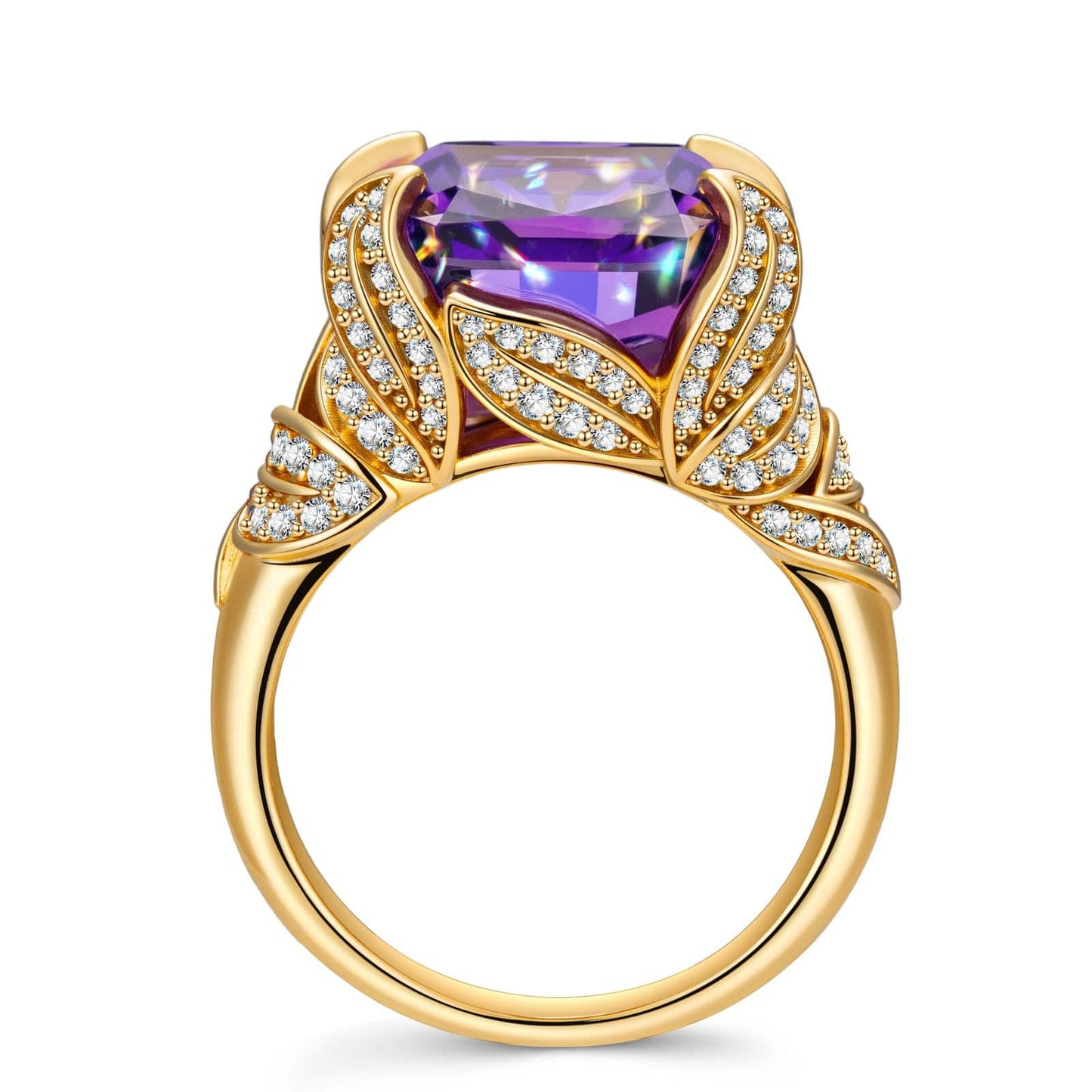12*12mm Cushion Modified Brilliant Cut Fancy Vivid Violet Hue Ice-Frosted Sparkle Lab Zircon - Pave Classic Engagement Ring 14K Yellow Gold Plated
