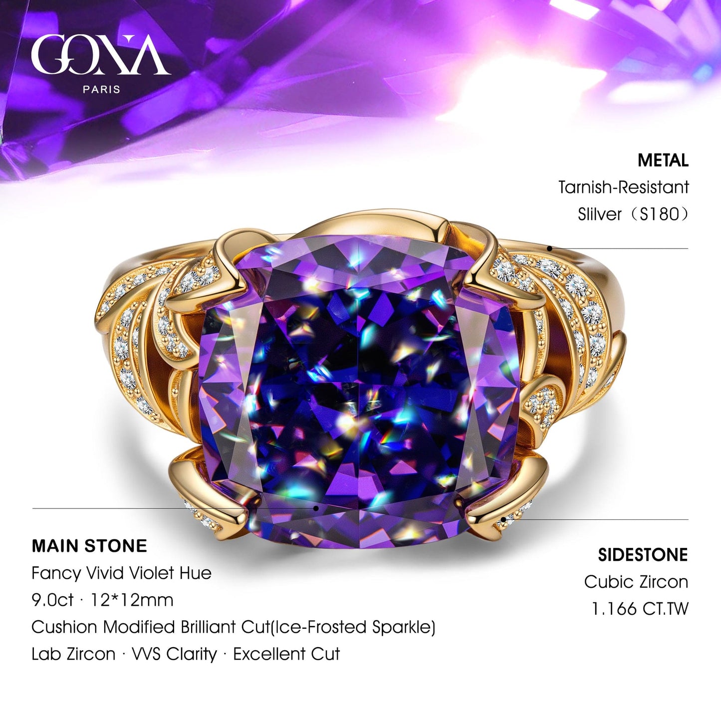 12*12mm Cushion Modified Brilliant Cut Fancy Vivid Violet Hue Ice-Frosted Sparkle Lab Zircon - Pave Classic Engagement Ring 14K Yellow Gold Plated