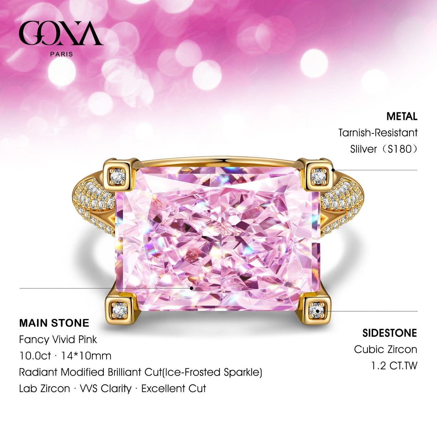 14*10mm Radiant Modified Brilliant Cut Fancy Vivid Pink Ice-Frosted Sparkle Lab Zircon - Pave Classic Engagement Ring 14K Yellow Gold Plated