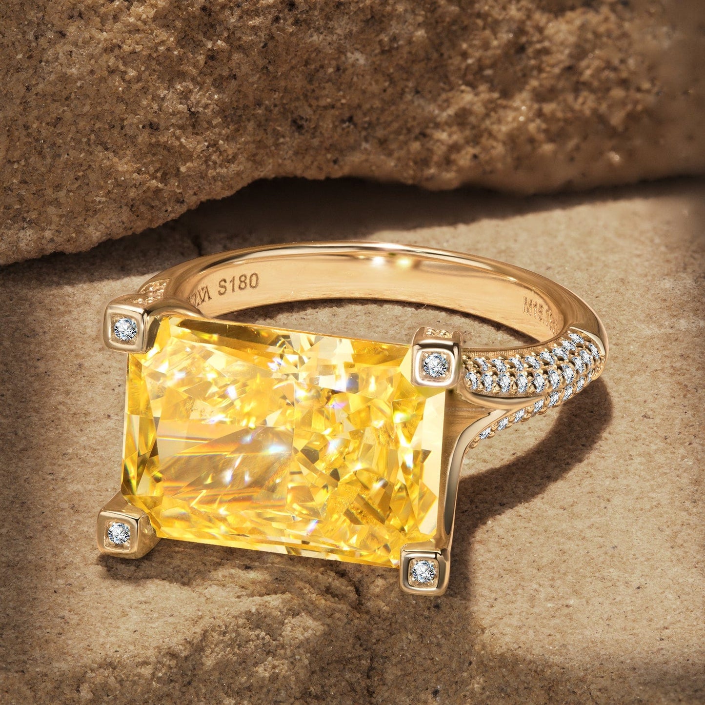14*10mm Radiant Modified Brilliant Cut Fancy Vivid Yellow Ice-Frosted Sparkle Lab Zircon - Pave Classic Engagement Ring 14K Yellow Gold Plated