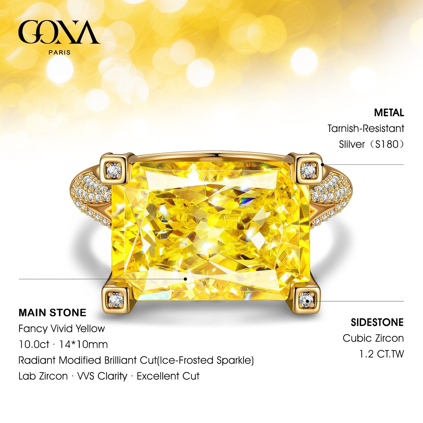 14*10mm Radiant Modified Brilliant Cut Fancy Vivid Yellow Ice-Frosted Sparkle Lab Zircon - Pave Classic Engagement Ring 14K Yellow Gold Plated